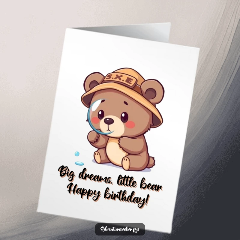Funny Free Printable Birthday Card: Determined bear cub in explorer hat examines dewdrop with magnifying glass.