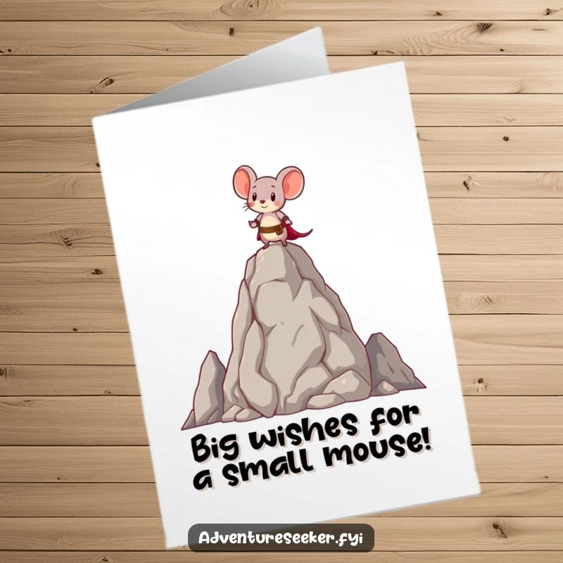 Funny Free Printable Birthday Card: Brave little mouse character standing proudly atop a tall, ancient rock.