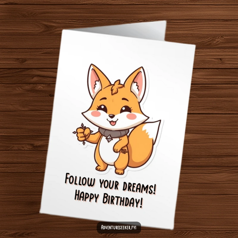 Funny Free Printable Fox Birthday Card: A smiling fox with a compass determinedly points forward, wishing a happy birthday.