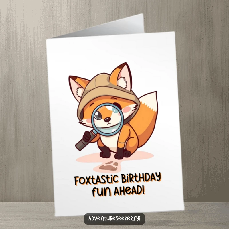 Funny Free Printable Birthday Card: Brave fox explorer with magnifying glass inspecting a tiny footprint, seeking birthday fun.