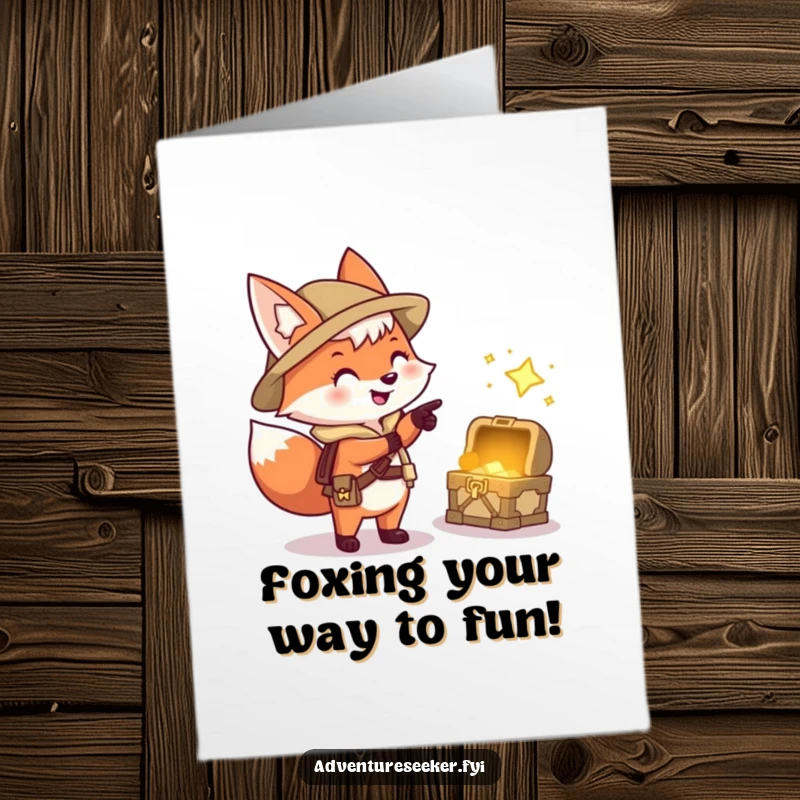 Funny Free Printable Fox Birthday Card: A happy fox explorer points excitedly towards a sparkling treasure chest, celebrating a birthday.