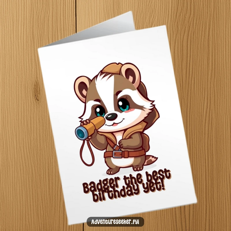 Funny free printable birthday card of a brave badger explorer with a spyglass, looking excited for adventure, perfect for a DIY gift.