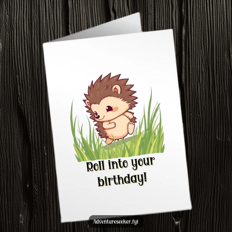 Funny Free Printable Birthday Card: A brave hedgehog determinedly rolling through tall grass, celebrating a birthday adventure.