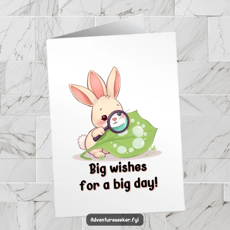 Funny Free Printable Birthday Card: Rabbit with magnifying glass examines a large dew-covered leaf, curious and detailed.