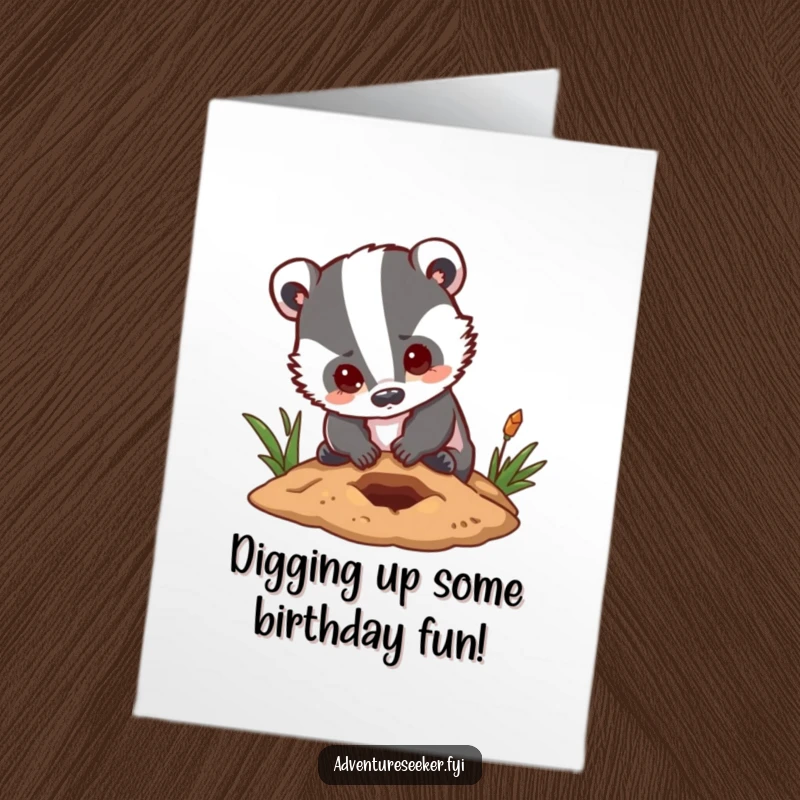Funny Free Printable Birthday Card: A determined badger enthusiastically digging a small hole, showcasing hopeful birthday aspirations.