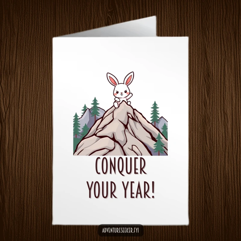 Funny Free Printable Birthday Card: Determined rabbit character scaling a stylized mountain peak with grit and humor.
