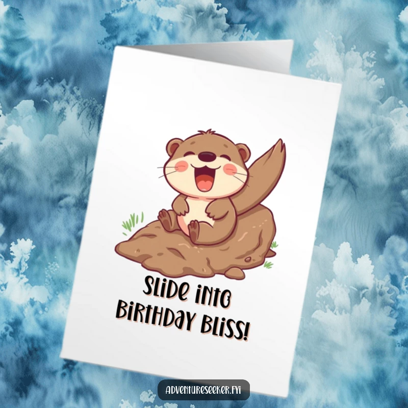 Funny Free Printable Birthday Card: A giggling otter gleefully sliding down a muddy hill, embracing pure birthday joy.