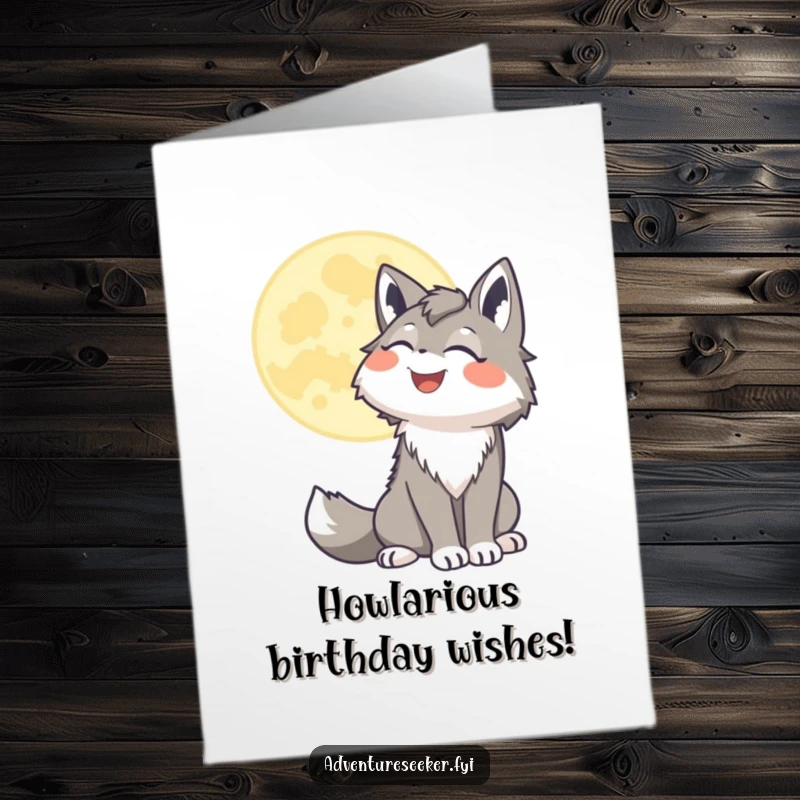 Funny Free Printable Birthday Card: A smiling wolf howling joyfully at a stylized moon, celebrating a special birthday night.
