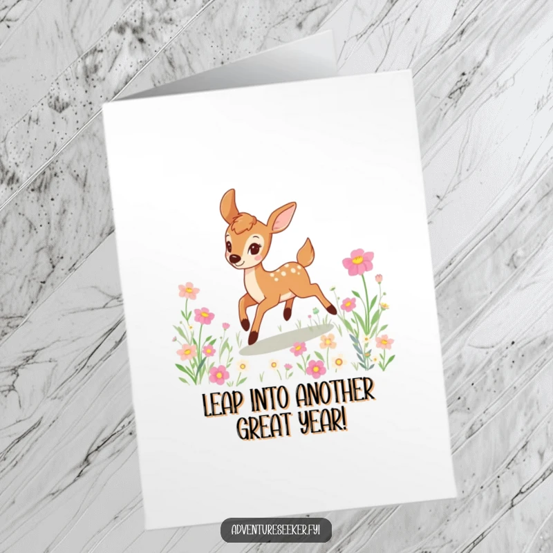 Funny Free Printable Birthday Card: Playful deer leaping joyfully through a field of colorful flowers, capturing pure birthday exhilaration.