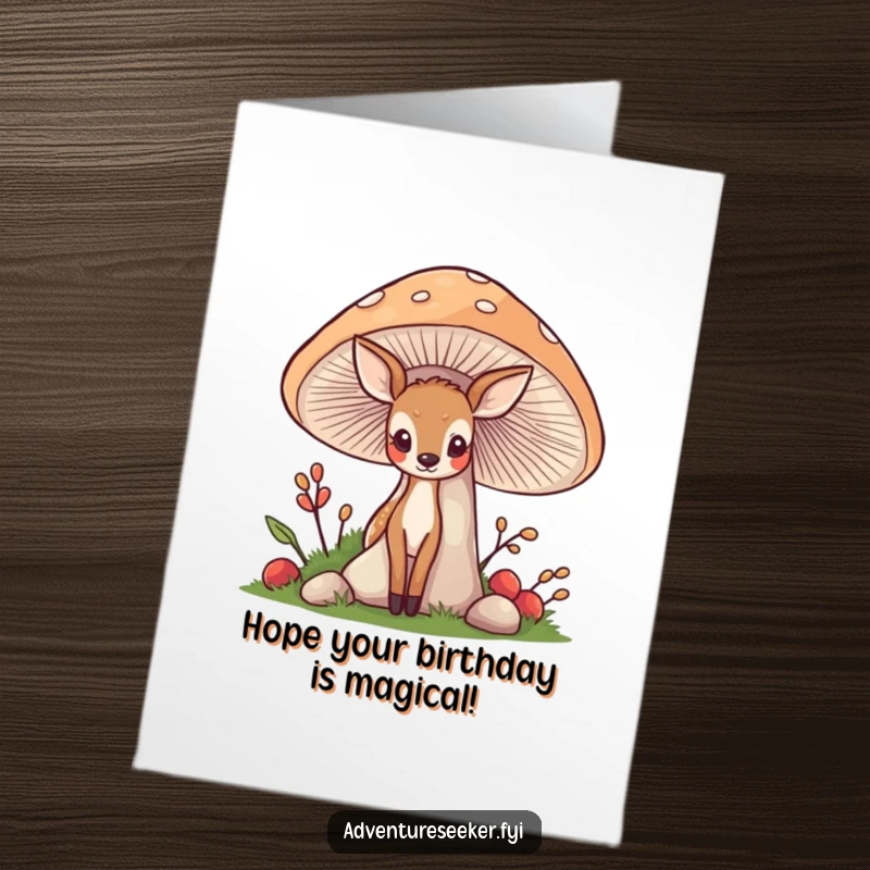 Funny Free Printable Birthday Card: Shy deer peeking from behind a giant friendly mushroom, a sweet and whimsical surprise.