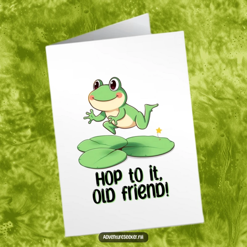 Funny Free Printable Birthday Card: A smiling frog leaps joyfully across lily pads, celebrating a birthday.