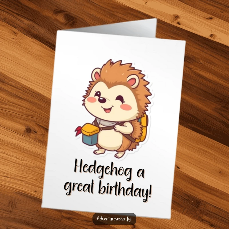 Funny free printable birthday card of a smiling hedgehog explorer packing a small backpack, ready for adventure, ideal for a downloadable gift.