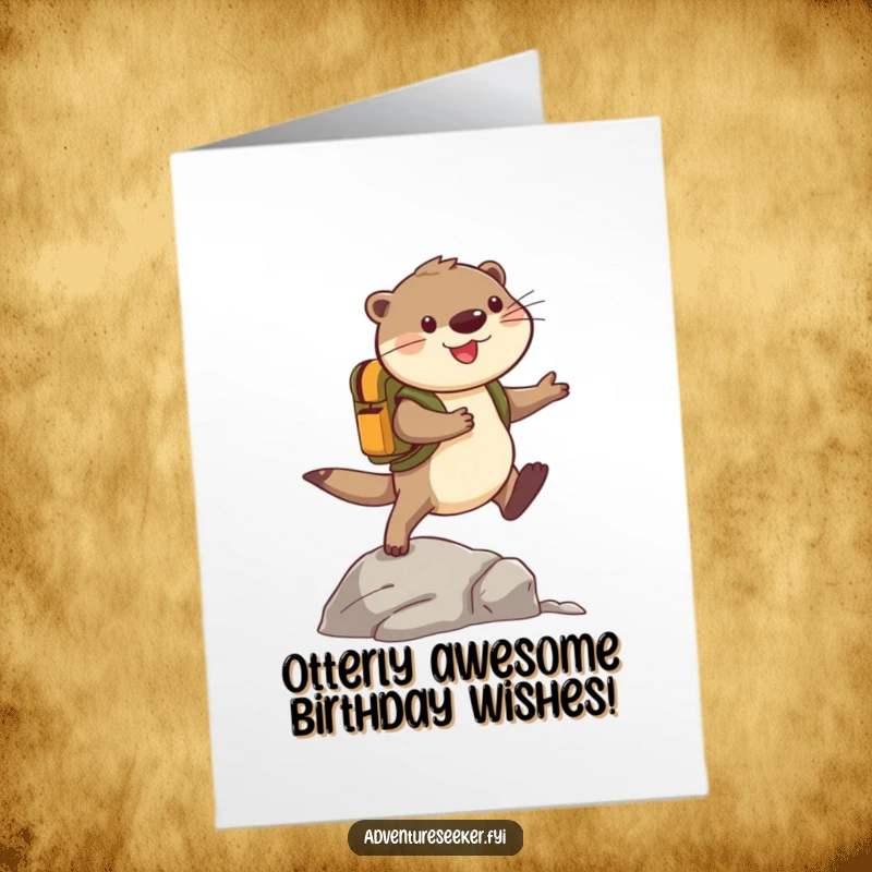 Funny Free Printable Birthday Card: Cheerful otter adventurer with backpack leaping over a rock, ready for a wild celebration.