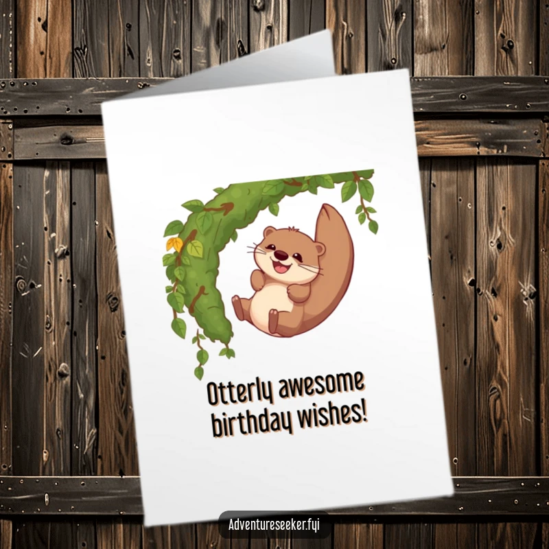 Funny Free Printable Birthday Card: Giggling otter slides down a vine, radiating pure birthday joy and mischief.