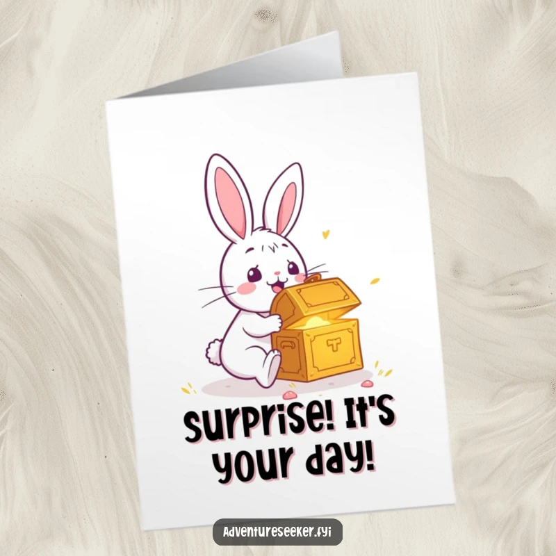 Funny Free Printable Rabbit Birthday Card: A surprised rabbit stumbling upon a glowing treasure chest, ready for birthday wishes.