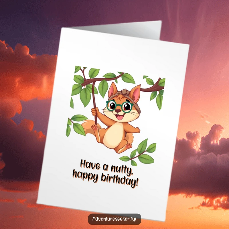 Funny Free Printable Birthday Card: Determined squirrel explorer smiling while swinging from a vine, ready for birthday fun.