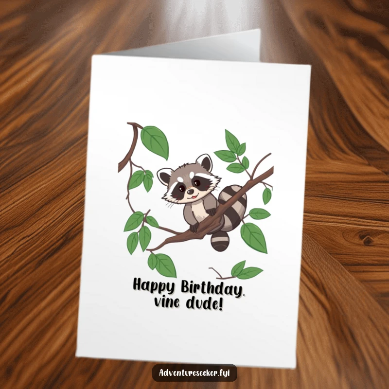 Funny Free Printable Birthday Card: a resourceful raccoon expertly navigates a jungle vine with a mischievous grin.