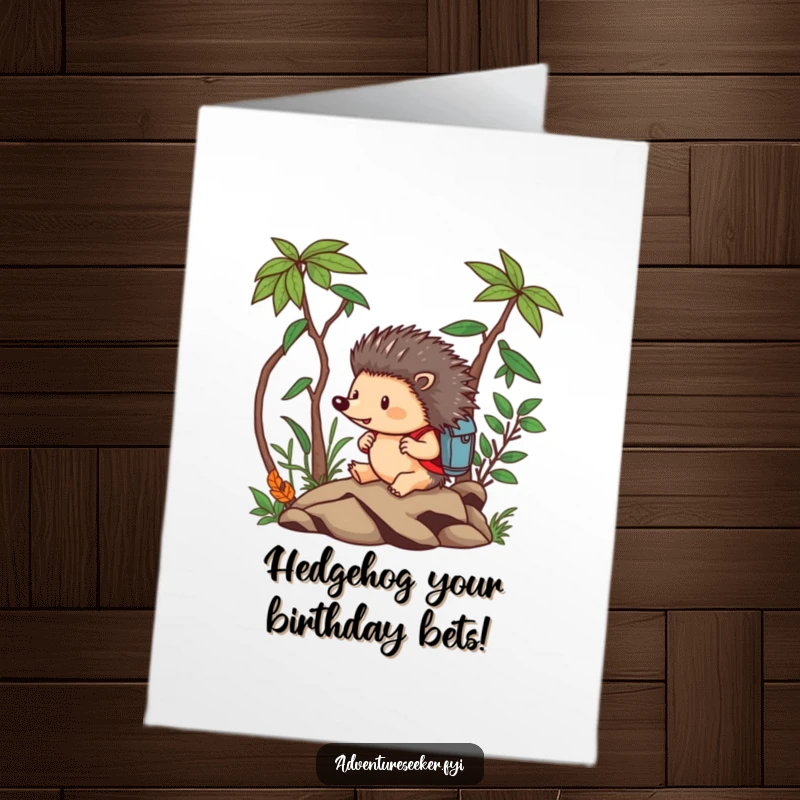 Funny Free Printable Birthday Card: Brave hedgehog with backpack navigating a jungle, ready for birthday adventure.