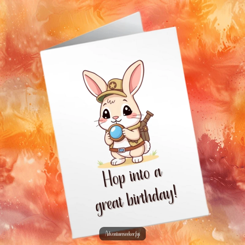 Funny Free Printable Birthday Card: Curious rabbit scout with mini compass looking eagerly ahead, ready for birthday fun.