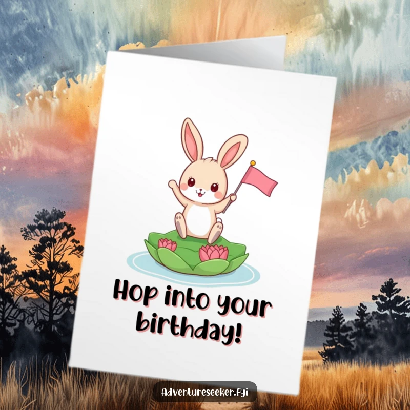 Funny Free Printable Birthday Card: Playful bunny planting a tiny flag on a lily pad, celebrating victory.