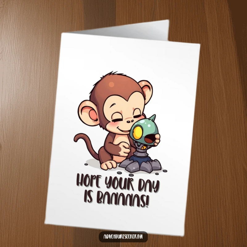Funny Free Printable Monkey Birthday Card: A curious monkey examining a strange alien artifact, ready for birthday fun.