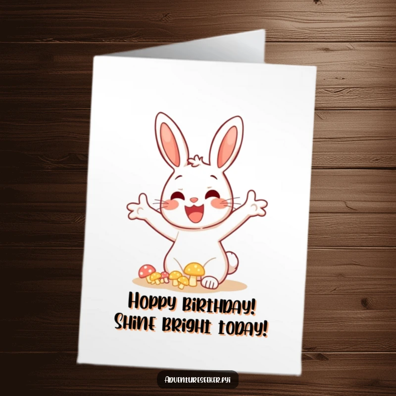 Funny Free Printable Birthday Card: Cheerful bunny with outstretched arms discovers glowing mushrooms.