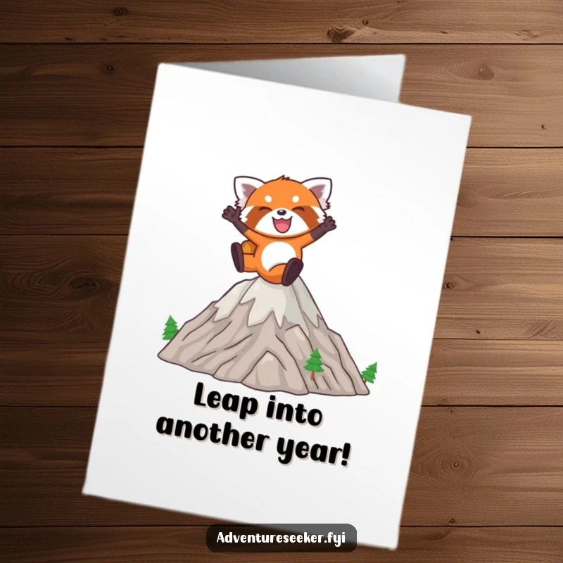 Funny Free Printable Birthday Card: Joyful red panda leaping over miniature mountains, full of birthday energy.