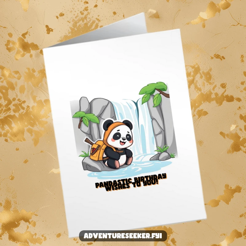 Funny free printable birthday card of a happy panda adventurer relaxing by a waterfall, peaceful and humorous, ideal for a downloadable gift.