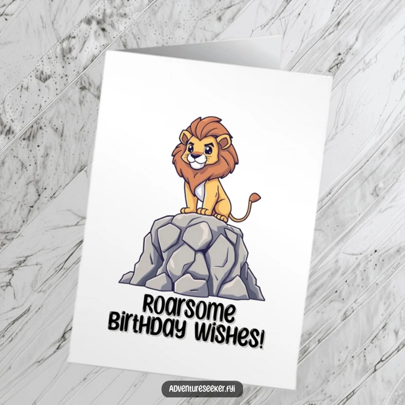 Funny Free Printable Lion Birthday Card: Brave lion surveying from a cliff, wishing happy birthday with kingly presence.