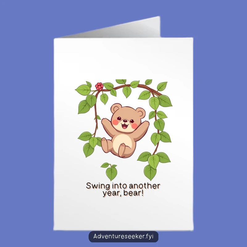 Free Printable Bear Birthday Card: Funny Swinging Vine Design Downloadable Gift