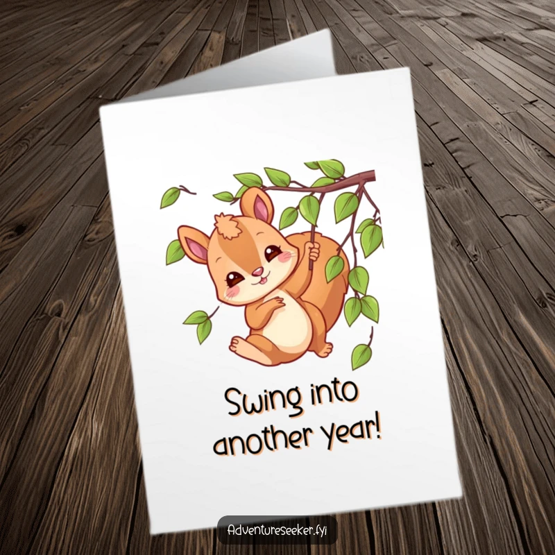 Funny Free Printable Birthday Card: Playful squirrel character joyfully swinging from a vine with energy and humor.