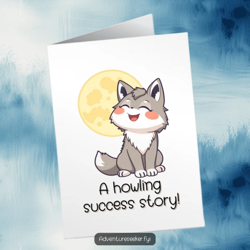 Funny Free Printable Congratulations Card: A smiling wolf joyfully howling at a stylized moon, celebrating a momentous occasion.