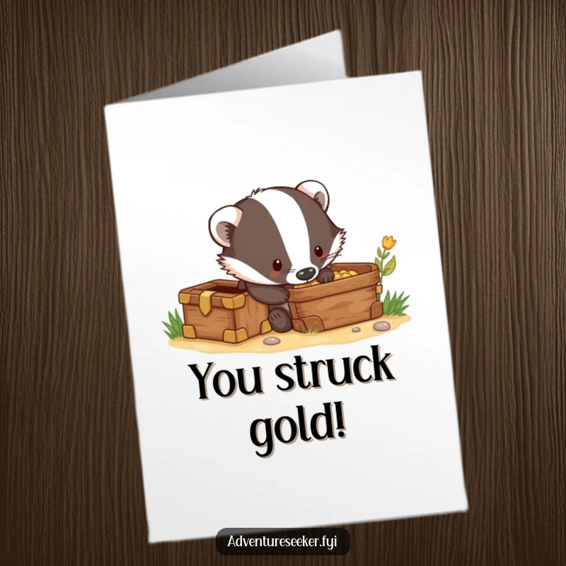 Funny Free Printable Congratulations Card: Curious badger excitedly digging, having discovered a hidden treasure chest.