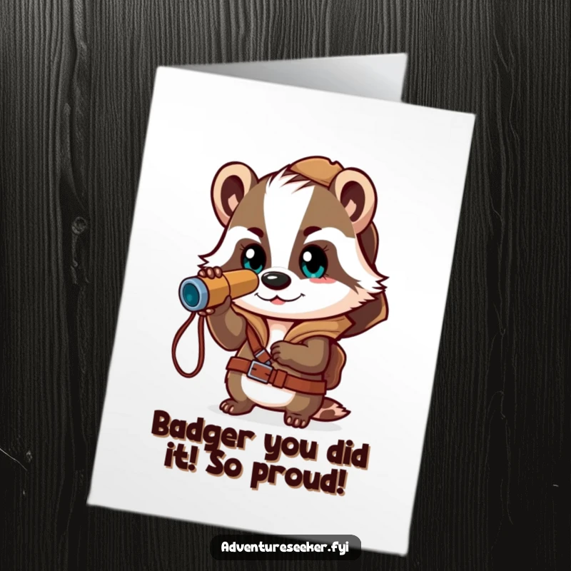 Funny free printable congratulations card showing a brave badger explorer using a spyglass, celebrating success, ideal for a downloadable gift.