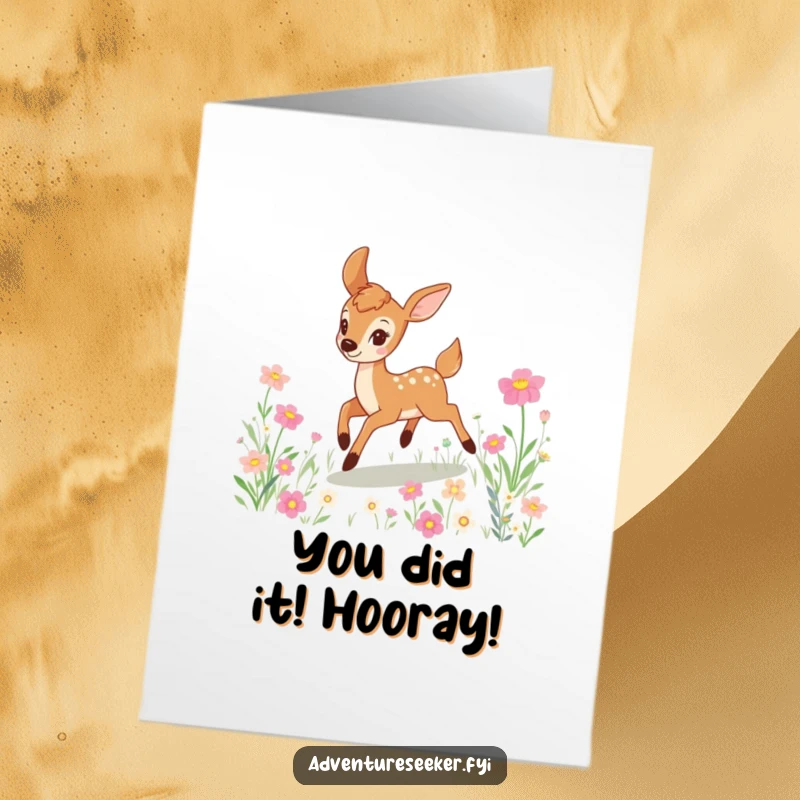 Funny Free Printable Congratulations Card: A playful deer bounding with pure joy through a vibrant flower field, celebrating success.