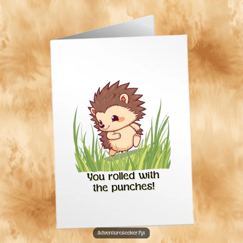 Funny Free Printable Congratulations Card: A brave hedgehog rolling with determination through tall grass, marking a successful milestone.