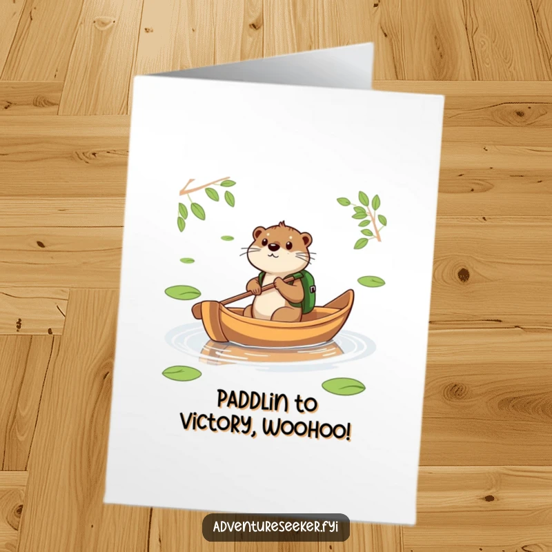Funny Free Printable Congratulations Card: Otter paddling a leaf boat across a pond, successful voyage, determination.