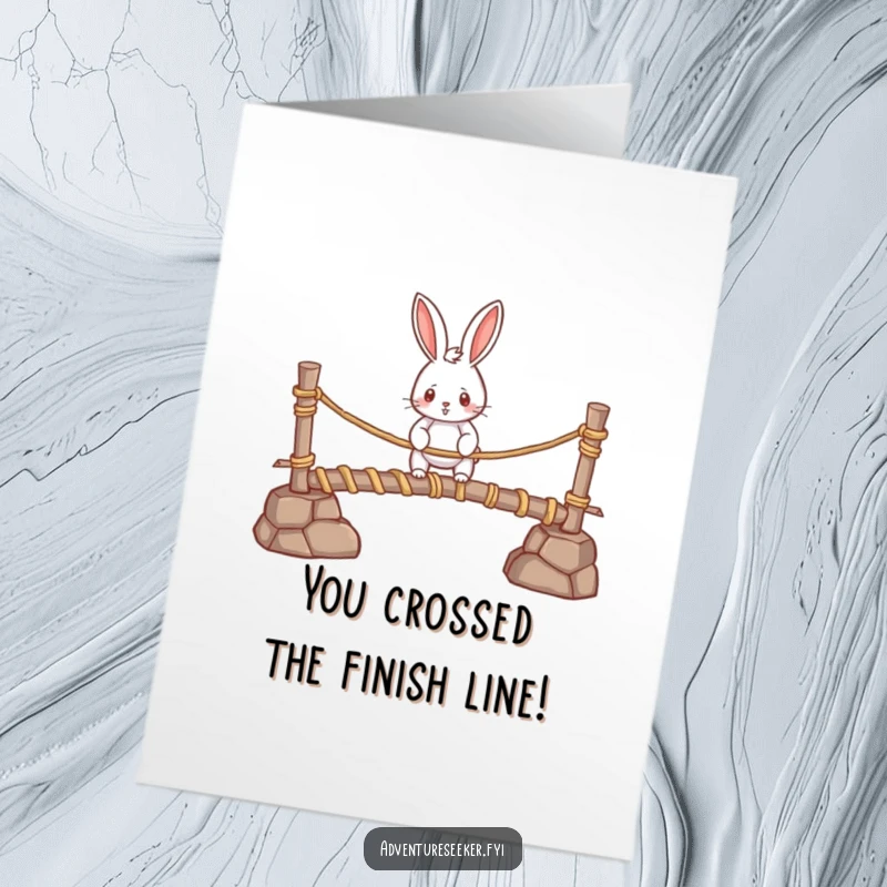 Funny Free Printable Congratulations Card: Determined rabbit bravely navigates a wobbly rope bridge, representing overcoming obstacles. A triumphant DIY congratulation.