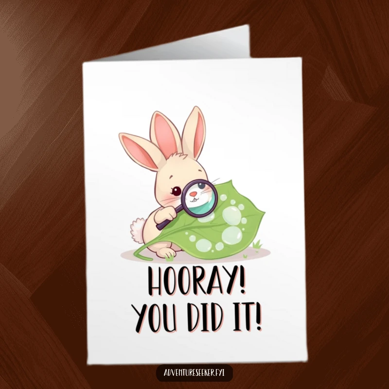 Funny Free Printable Congratulations Card: Rabbit inspecting a leaf with a magnifying glass, discovery, keen observation.