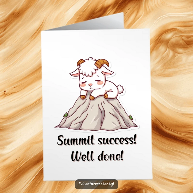 Funny Free Printable Congratulations Card with a contented mountain goat napping on a peak, symbolizing achieved success.