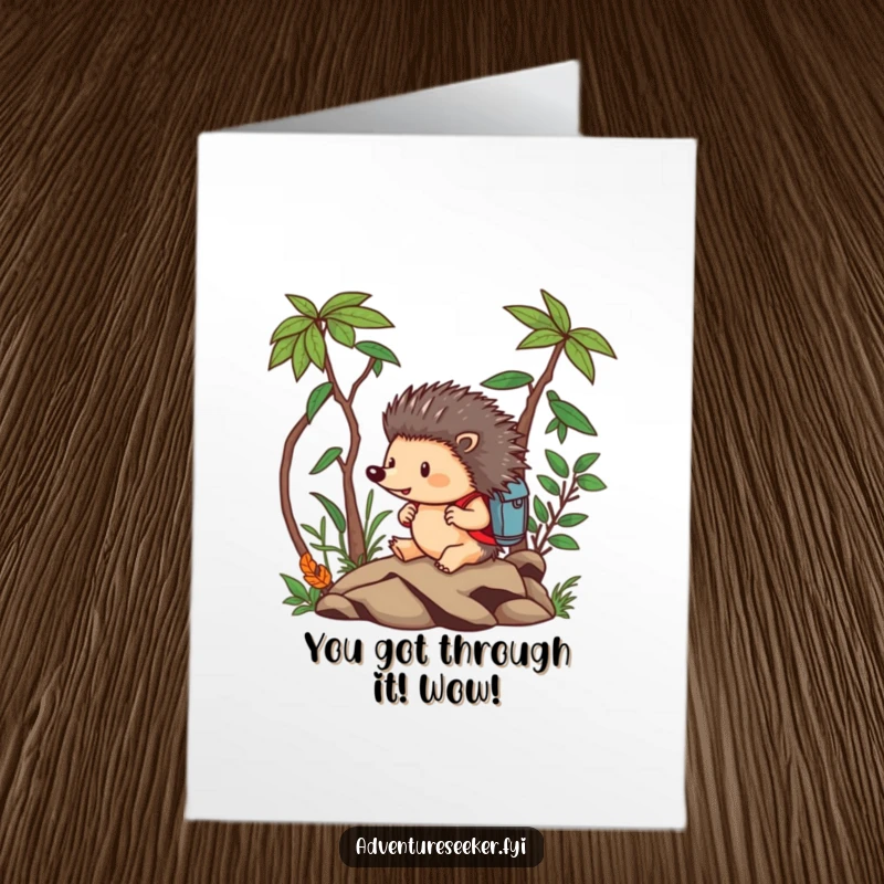 Funny Free Printable Congratulations Card: Brave hedgehog with backpack navigating a jungle, celebrating overcoming obstacles.