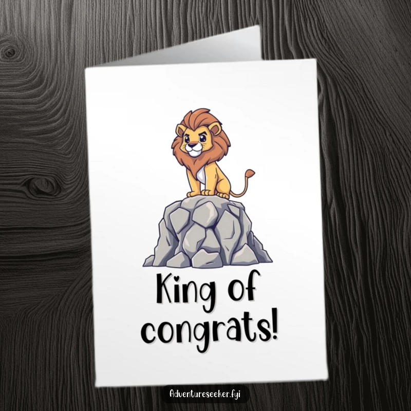 Funny Free Printable Lion Congrats Card: Brave lion surveying from a peak, celebrating a major win.