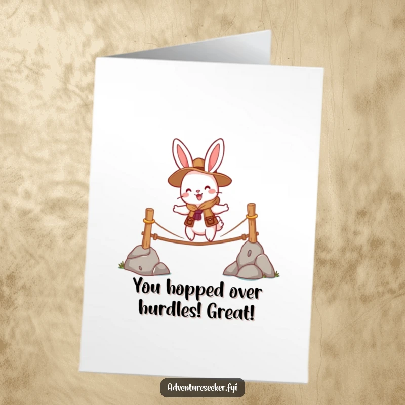 Funny Free Printable Rabbit Congratulations Card: A cheerful rabbit scout bravely navigates a wobbly rope bridge, celebrating a win.