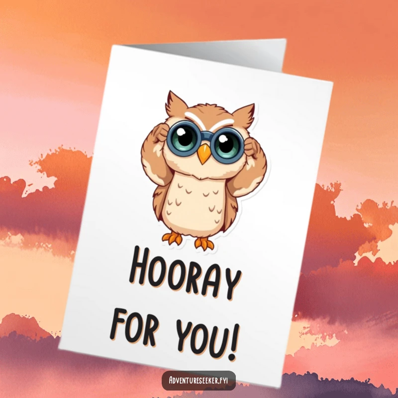 Funny Free Printable Congratulations Card: An owl uses binoculars to celebrate achievements with keen observation.