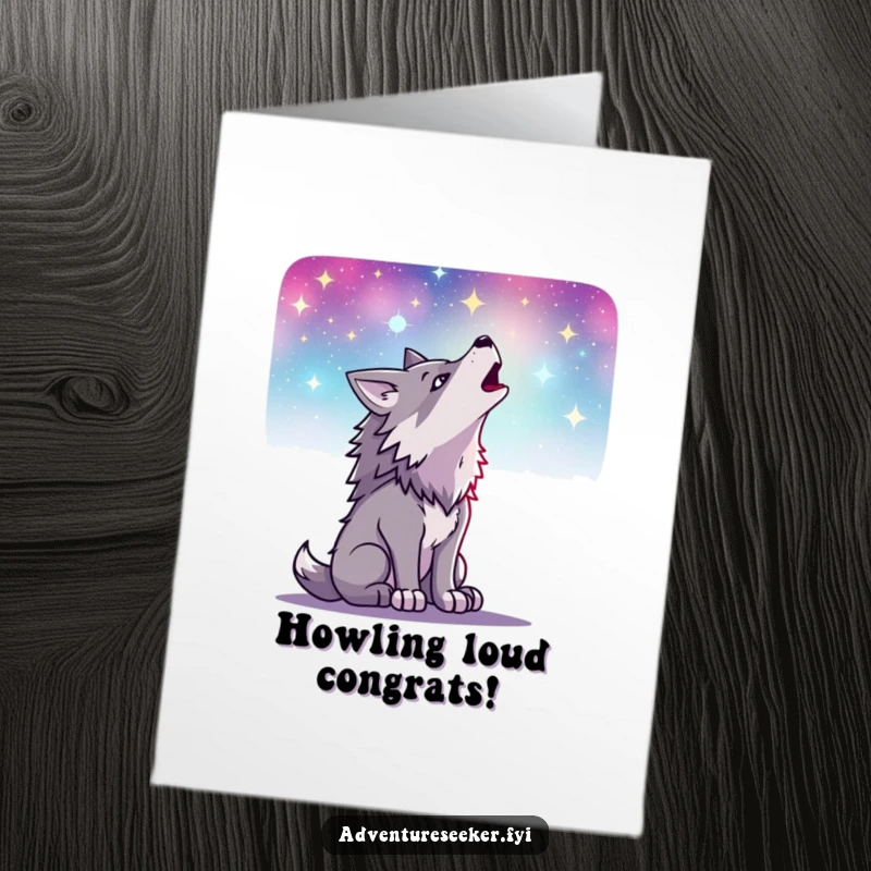 Funny Free Printable Wolf Congrats Card: Wolf howling victoriously at a starry sky, cheering on success.