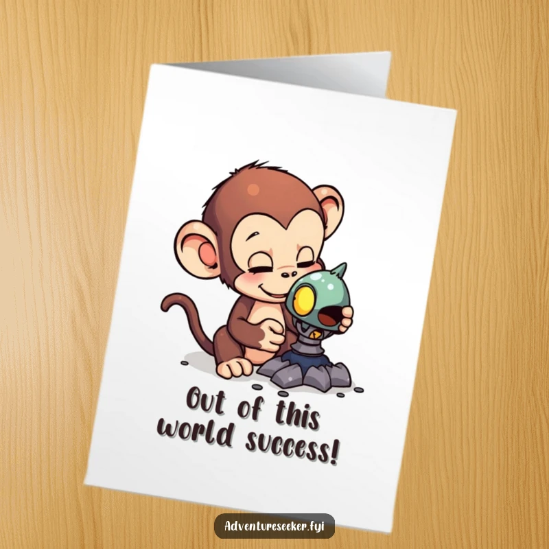 Funny Free Printable Monkey Congratulations Card: A curious monkey examining a strange alien artifact, celebrating a discovery.