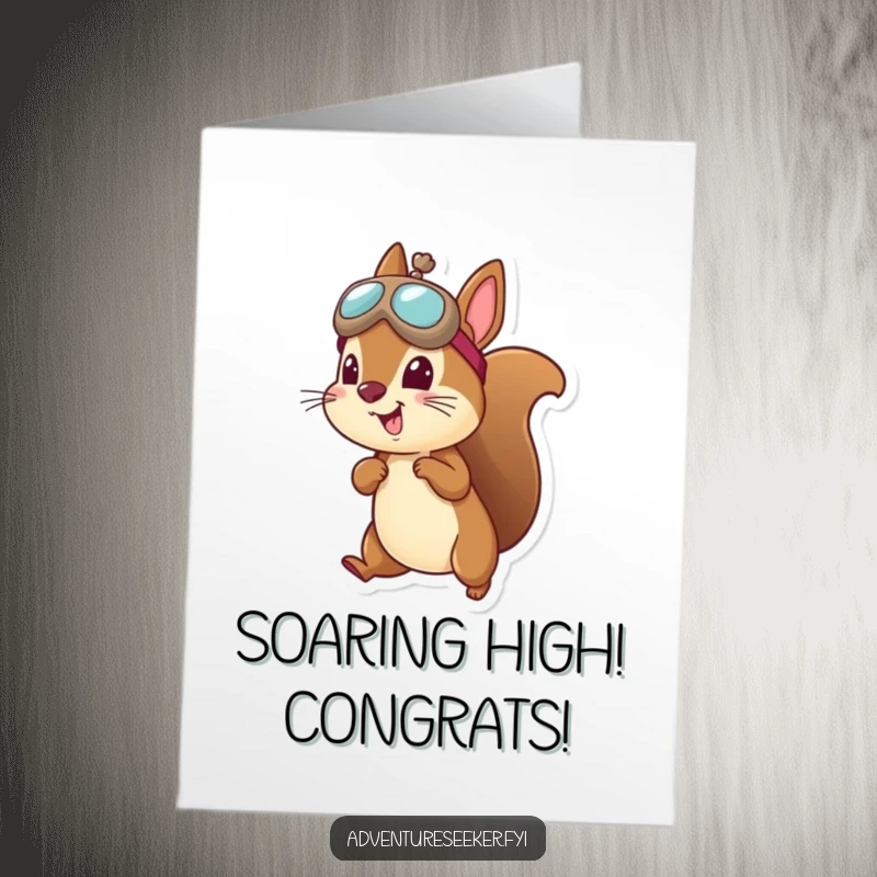 Funny Free Printable Congratulations Card featuring a cheerful squirrel in an aviator hat, taking flight to celebrate achievements.