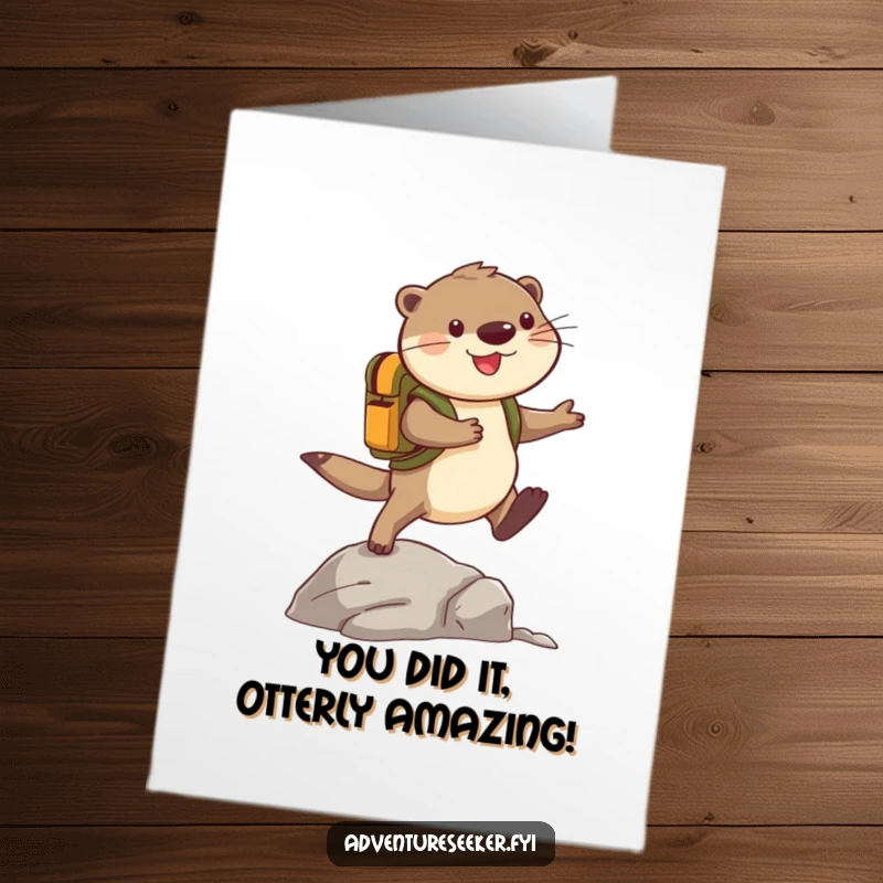 Funny Free Printable Congrats Card: Cheerful otter adventurer with backpack leaping over a rock, celebrating an epic achievement.