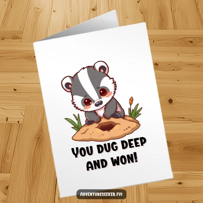Funny Free Printable Congratulations Card: A determined badger digging with great hope, celebrating a successful endeavor.