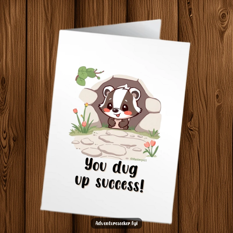 Funny Free Printable Congratulations Card featuring a happy badger character finding a secret path, symbolizing new opportunities.